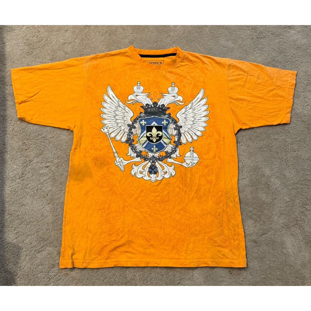 Avirex Tee Mens Large L Orange Graphic Eagles Coat of Arms JNCO Style